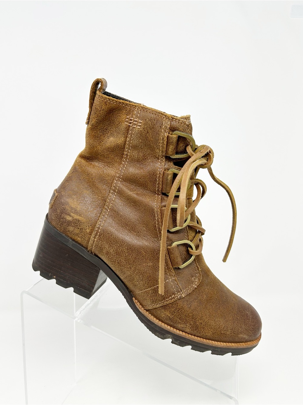 Sorel Cate Lace-Up Ankle Bootie Womens Brown Lug Sole Block Heel Size 7.5